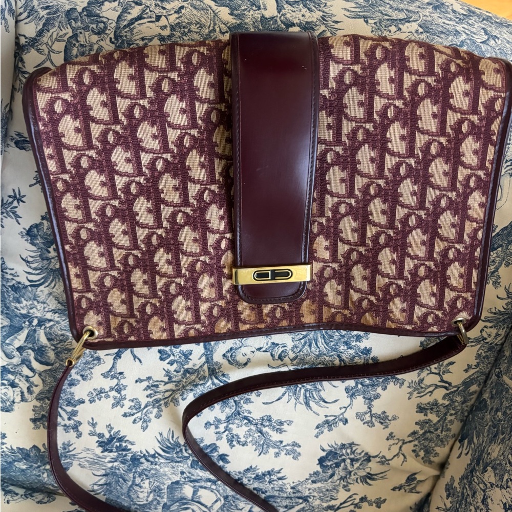 Dior Red Shoulder Bag with Monogram Pattern and Gold-Toned Accent